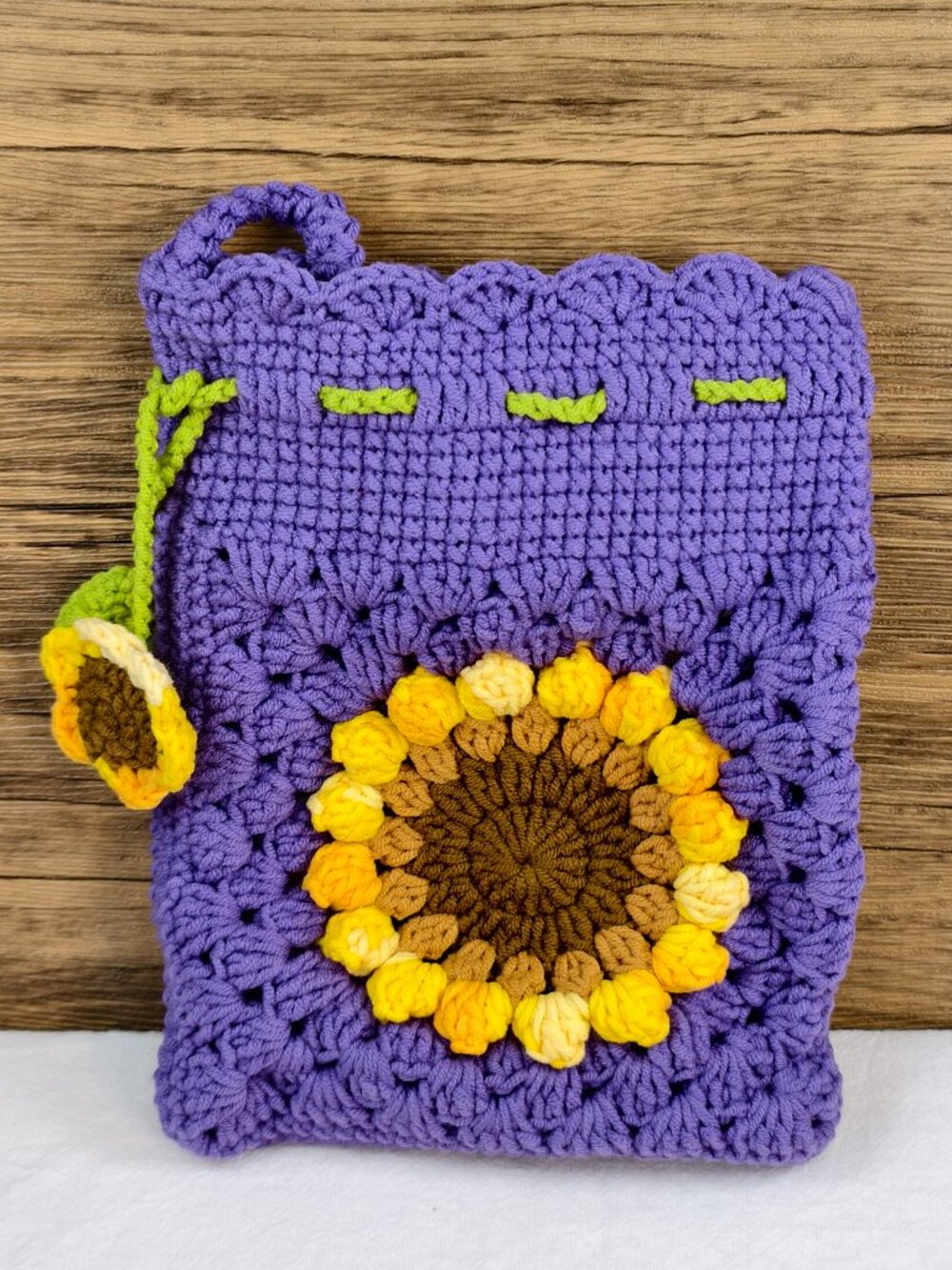 Handmade Crochet Bag Purple Sunflower Phone Pouch